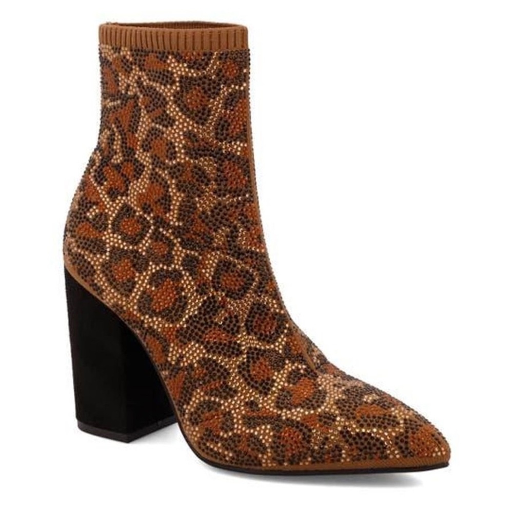MIA Marlena Leopard Spot Knit Boot In Leopard Print Block Heel Size 9